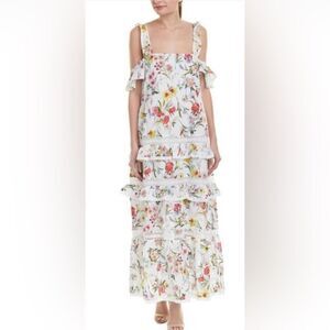 Nicholas eyelet floral print ruffle maxi dress, US4
